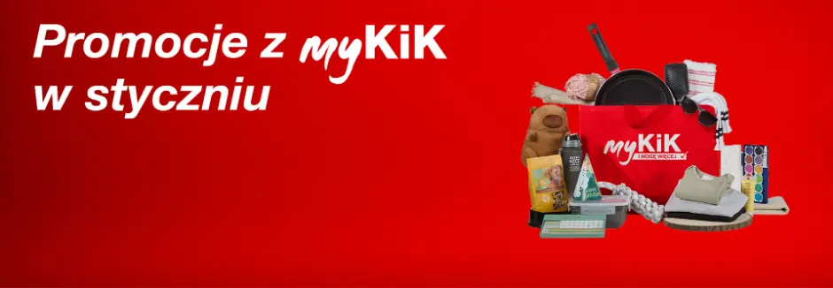 Czerwona grafika reklamowa z białym tekstem ‘Twoje myKiK ceny promocyjne w styczniu’ oraz osobą trzymającą czerwoną kartę myKiK